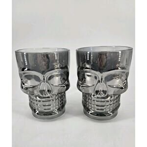 2 Large Skull Skeleton Gray Iridescent Glass Mug Bone Handle Heavy Deli